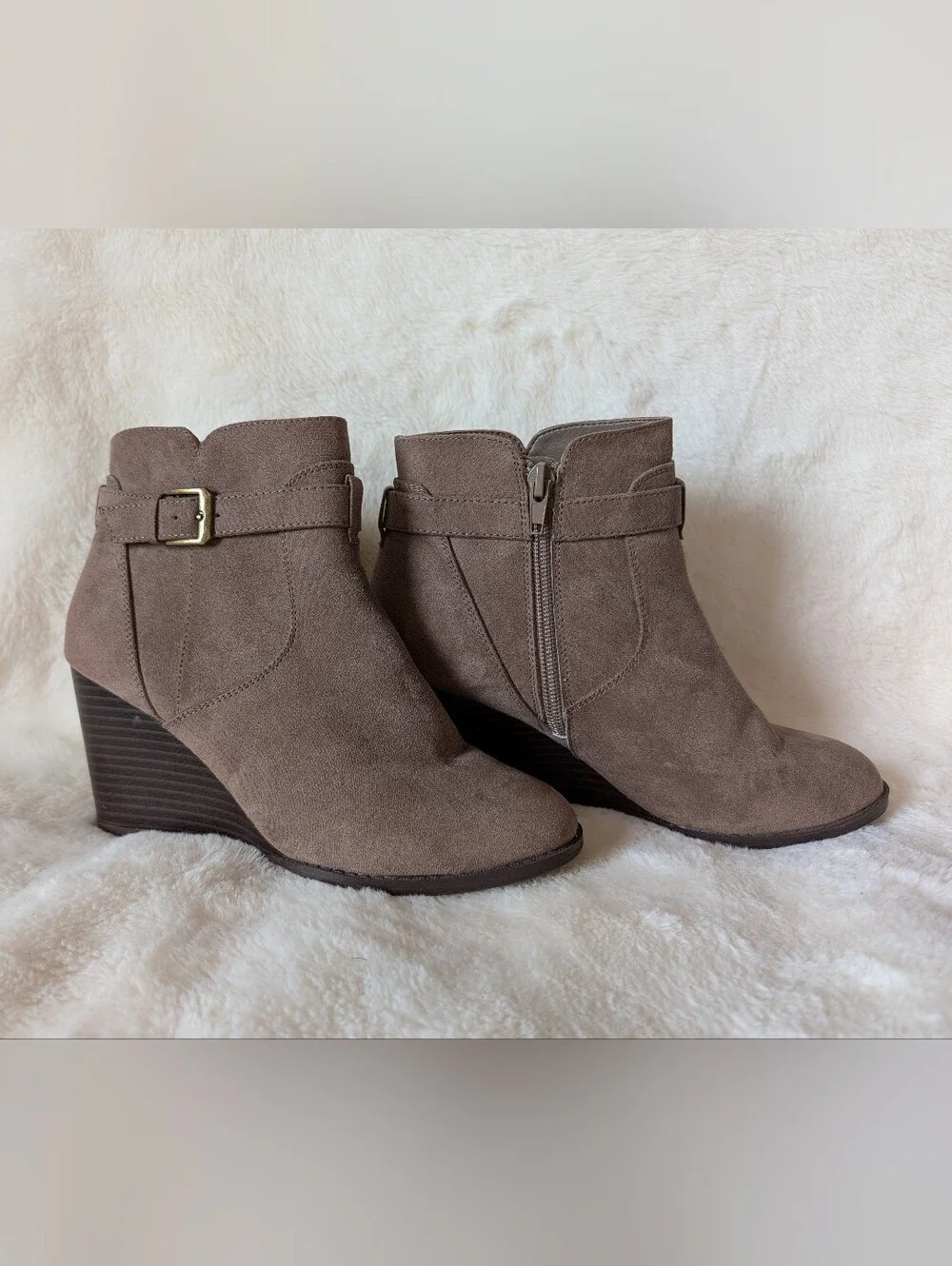 Market & Spruce Taupe Suede Wedge Ankle Booties with Buckle Detail